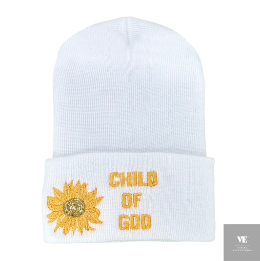 CHILD OF GOD - White beanie with sunflower