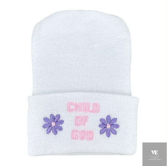 CHILD OF GOD - White beanie with purple flower